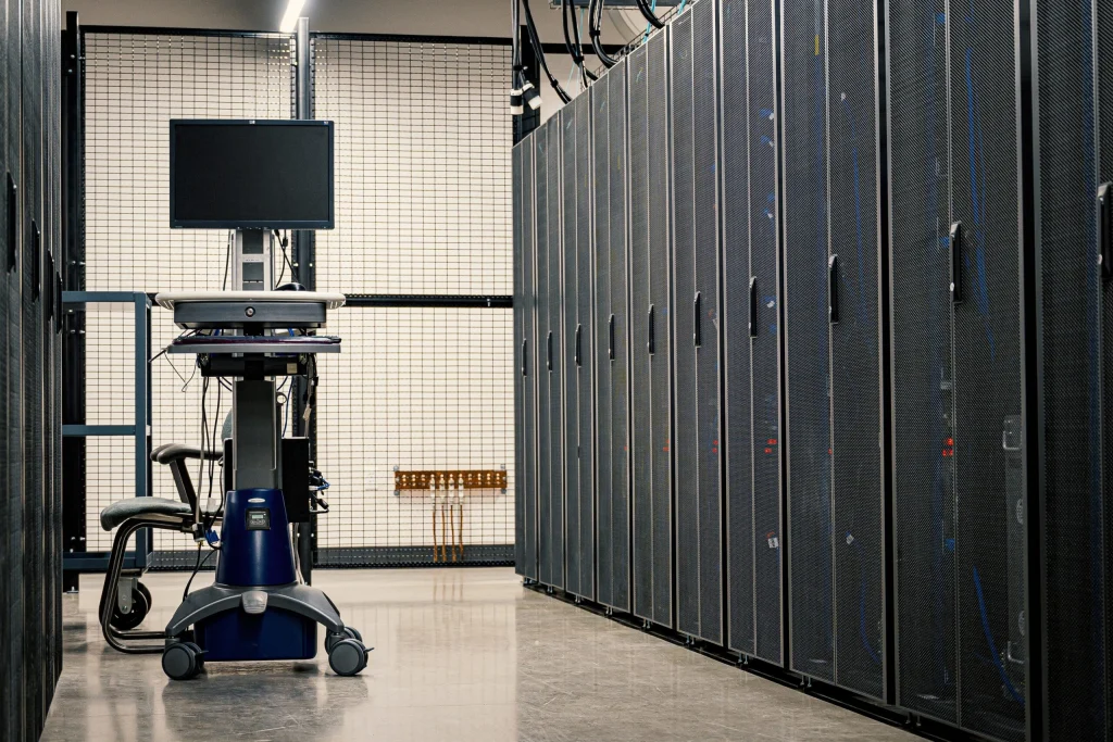 Rows of server cabinets in a datacenter